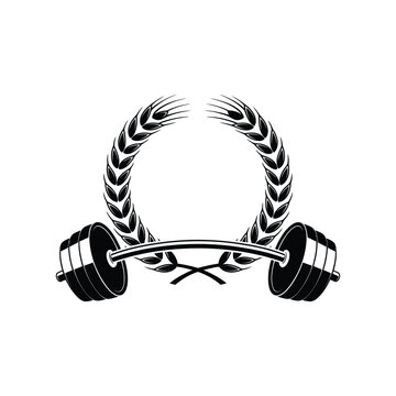 Weightlifting barbell with wheat wreath fitness and sport logo design