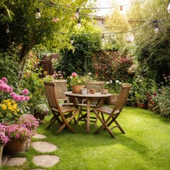 Naklejka premium A charming garden patio with a wooden table and chairs, surrounded by vibrant flowers and greenery. String lights add a warm ambiance