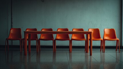 Empty orange plastic chairs and table in a dimly lit room