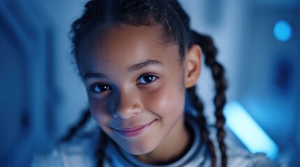 Beautiful teen girl smiling confidently in a futuristic control room, portraying the role of future space systems engineer. Highlights bright ambition in space station environment.