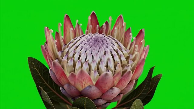 Protea Flower Displaying Red Petals and White Stamen on Green Background Detailed Botanical Close Up