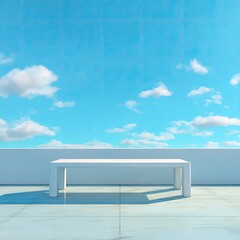 Obraz premium Empty white bench on a terrace against a vibrant blue sky