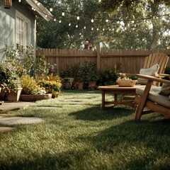 Obraz premium A sun-drenched backyard oasis, featuring a wooden fence, lawn, patio furniture, and flowering plants. String lights create a warm ambiance