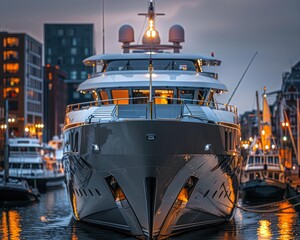 Luxurious yacht at dusk in a harbor.