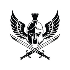 Spartan Helmet with Wings and Crossed Swords Black and White