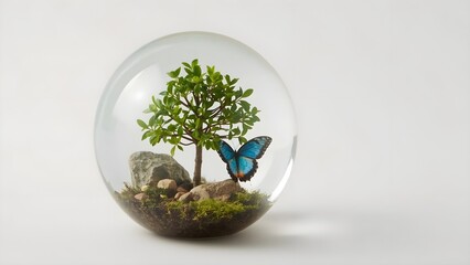 A crystal globe containing a miniature tree with a butterfly nearby, symbolizing nature conservation.