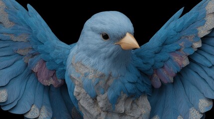 Fototapeta premium Close up view of a blue bird with detailed feathered wings and stone texture