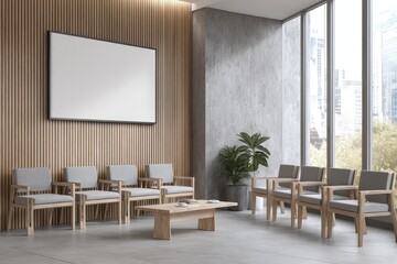 Modern waiting room with wooden paneling, gray chairs, and large blank screen