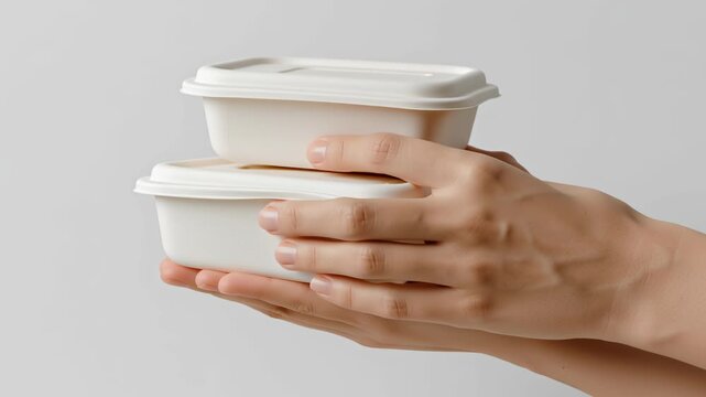 Two plastic containers are being held in a person's hand. The containers are white and have a lid. The person is holding the containers in a way that they appear to be stacked on top of each other