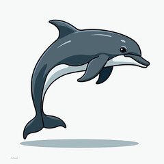 Naklejka premium Adorable Cartoon Dolphin Illustration Mid-Leap, Capturing Grace and Playfulness, Ideal for Marine Life Education, Ocean Conservation Campaigns, or Children's Aquatic-Themed Storybooks. 