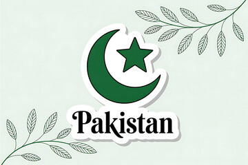 Elegant Pakistan flag emblem with star and crescent, adorned with delicate leafy branches for patriotic celebrations and national pride.