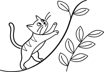 Playful kitten climbing a leafy branch leaves