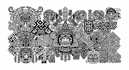 Intricate ancient Aztec art with detailed masks and geometric patterns, cultural design