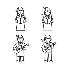 Naklejka premium Black and White Christmas Carolers with Songbooks and Guitars