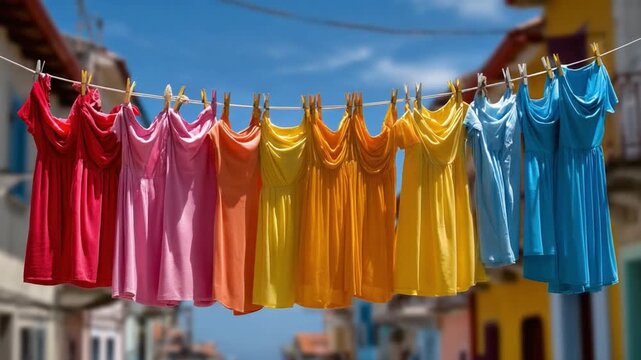 Dresses in the Sunlight: A row of brightly colored dresses, fluttering gently in the breeze against a backdrop of a clear blue sky, evoke feelings of joy and carefree days. 