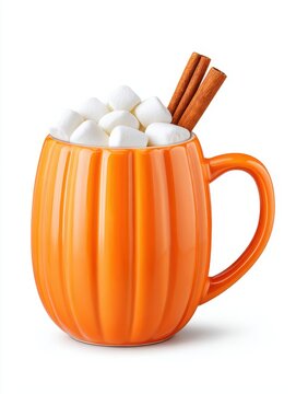 Cozy Halloween Vibes - Ceramic Pumpkin Mug with Marshmallows and Cinnamon Stick on White Background