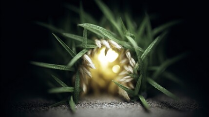 Macro shot of a glowing dandelion seed head nestled within green grass blades on a dark background
