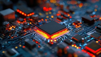 Fototapeta premium Intricate circuitry glows with vibrant energy, showcasing the complexity and innovation of modern electronic engineering and technological