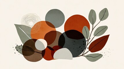 Naklejka premium Abstract Autumnal Botanical Composition with Overlapping Circles and Greenery in Muted Earth Tones