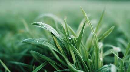 Close up macro shot of green grass blades covered in morning dew droplets