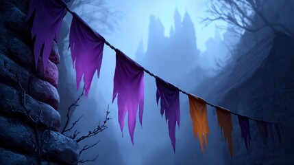 Tattered purple and orange flags strung across a misty dark landscape with a castle silhouette