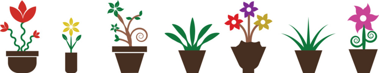 Plant and Flower Pot Icons Vector Set, Collection and Group, Botanical Potted Houseplants, Garden, Leaves, Minimal Flat Style, Monochrome Silhouette Graphic Bundle for Nature and Interior Design