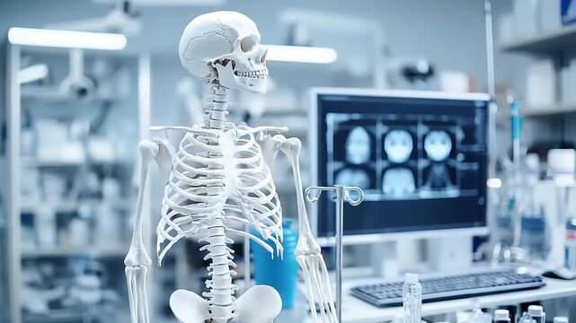 White skeleton model in a medical laboratory setting.