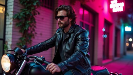 Neon street motorcycle scene