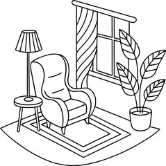 Cozy armchair by the window with a floor lamp and plant