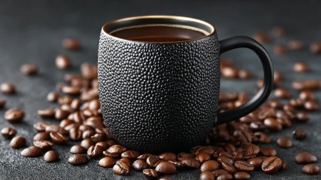 Dark Brew Delight: A steaming cup of rich, dark coffee sits amidst scattered, roasted coffee beans, all captured in a striking, close-up shot, emanating an inviting aroma.