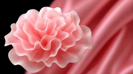 Delicate pink ruffled flower bloom with subtle sparkling edges against a soft pink draped fabric