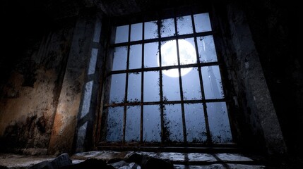 Full moon view from a weathered window in a dark room.