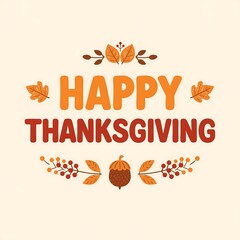 A cheerful Happy Thanksgiving design with autumnal leaves and acorns