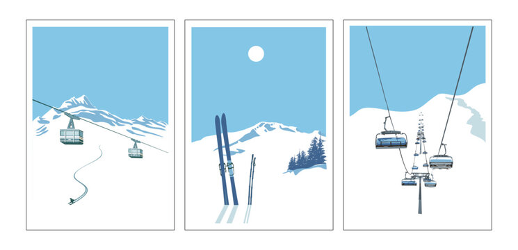 Modern retro ski posters, snowboard art prints