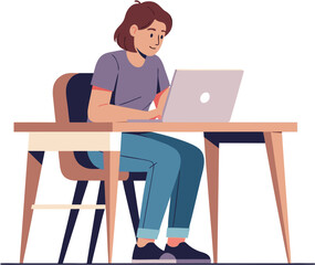 A cheerful young person working on a laptop at a desk, embodying the concept of remote work or online education. Flat vector illustration of a student or freelancer.