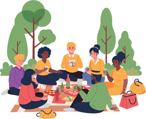 Vector illustration of a diverse group of cheerful young friends having a summer picnic in a green park, enjoying leisure time together with food and conversation.