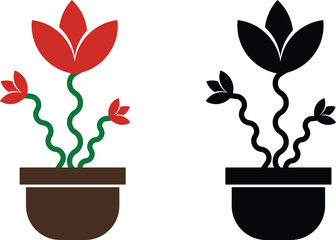 Plant and Flower Pot Icons Vector Set, Collection and Group, Botanical Potted Houseplants, Garden, Leaves, Minimal Flat Style, Monochrome Silhouette Graphic Bundle for Nature and Interior Design