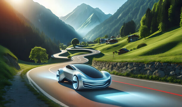 Autonomes Fahren, futuristisches Elektroauto, auf einer Stra&szlig;e in den Bergen. Verkehrstechnologie, Zukunft, Innovative Technologien.