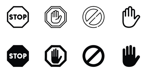Stop icon, traffic control, prohibition icon, hand icon.