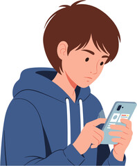 A detailed vector illustration of a young man engrossed in his smartphone, focusing intently on the screen while browsing, texting or using an application
