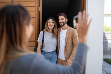 Warm Welcome at the Doorstep: A warm welcome unfolds as a couple, illuminated by daylight, greets a guest at their home, capturing the essence of togetherness and hospitality.