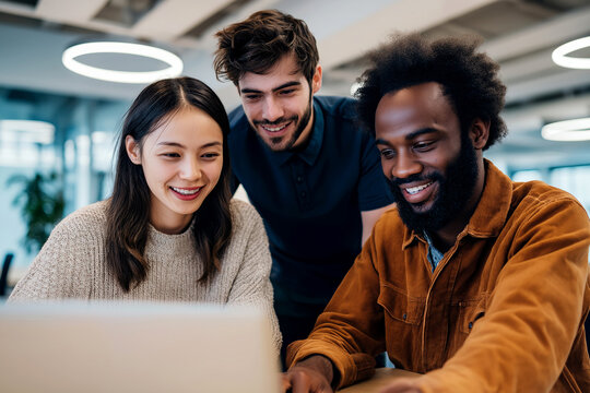 Collaborative Focus: A group of three diverse individuals collaborates on a laptop, engrossed in focused and unified teamwork, set within the modern, collaborative workplace.