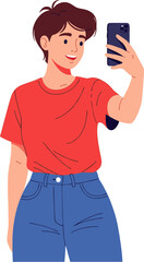 Happy young person with a smartphone taking a selfie photo. A cheerful character in casual clothes making a self-portrait on a mobile phone vector illustration.