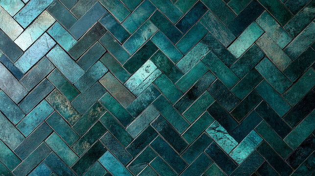 Teal blue herringbone tile pattern background texture