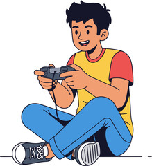 A young boy gamer sits cross-legged, happily engaged in playing a video game with a controller. This flat vector illustration captures the fun of digital entertainment and hobbies.