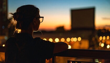 Woman Watching City Sunset From Balcony at Dusk