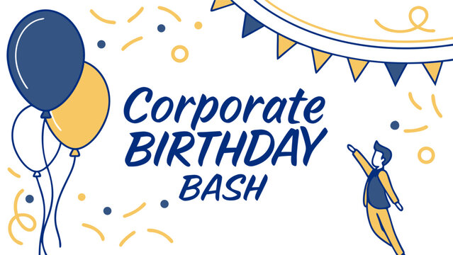 Illustration of corporate birthday bash with balloons, confetti, bunting, and a man reaching upwards