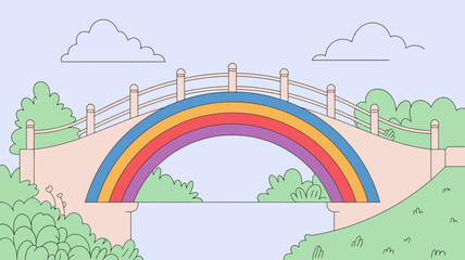 Cartoon Bridge with Rainbow Arch and Cloudy Sky Peaceful Illustration for Childrens Books and Creative Designs