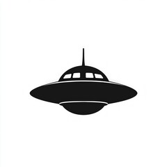 Black UFO, saucer shape, against a white background