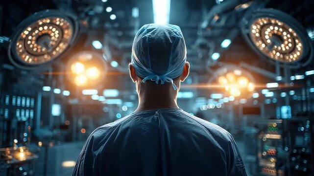 Back view of surgeon in high-tech operating theater, conveying focus, solitude, and medical excellence – Video 4K UHD 60fps - Powered by Adobe